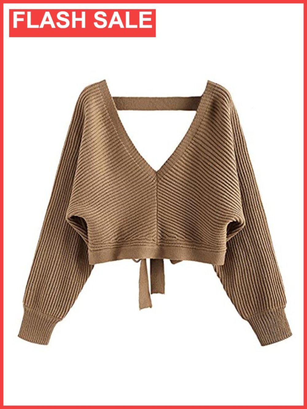 Cropped Ribbed Knit Sweater Deep V Back Tie Back Batwing Sleeve Pullover